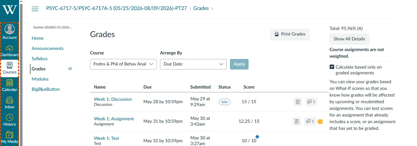 Verified student grade result 1 — real online course gradebook