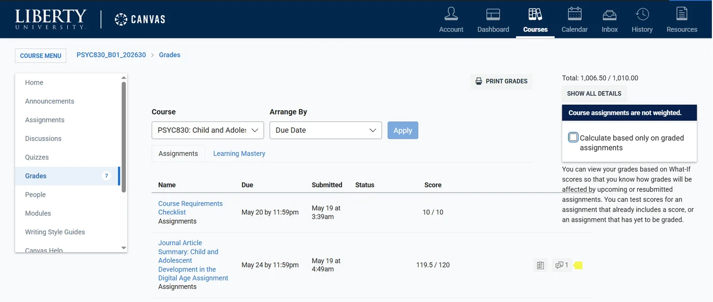 Verified student grade result 10 — real online course gradebook