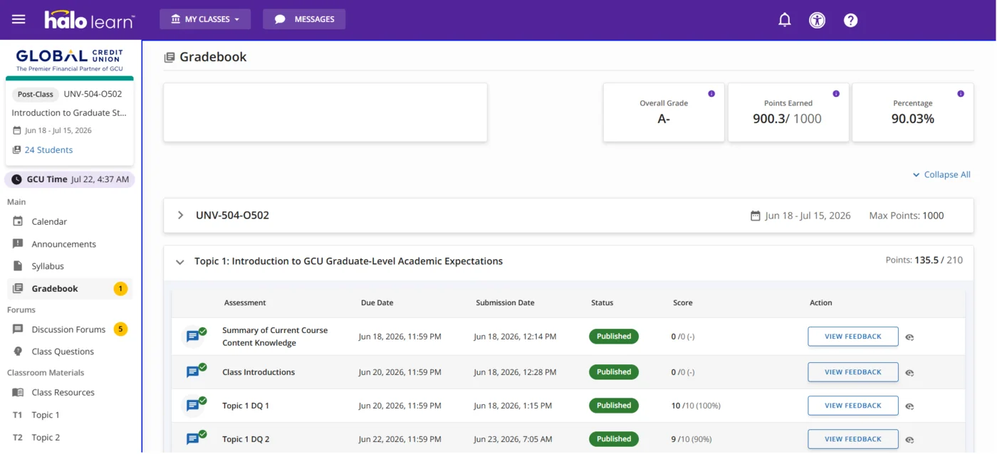 Verified student grade result 14 — real online course gradebook