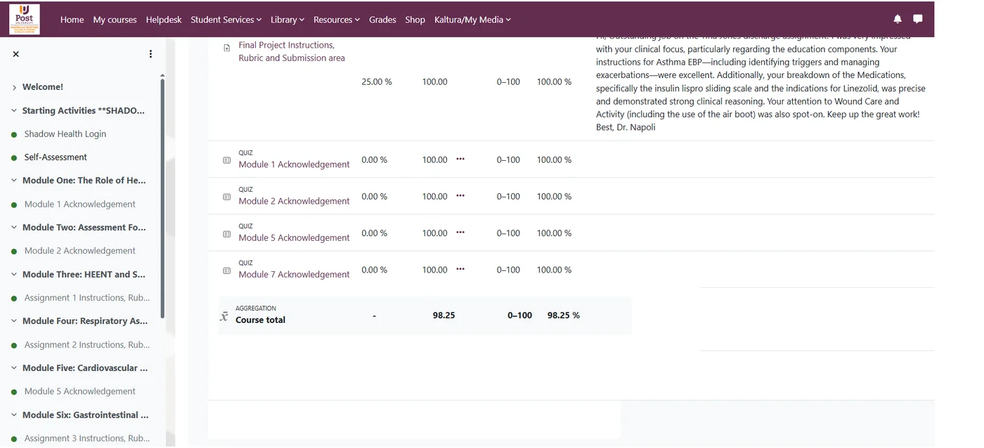Verified student grade result 15 — real online course gradebook
