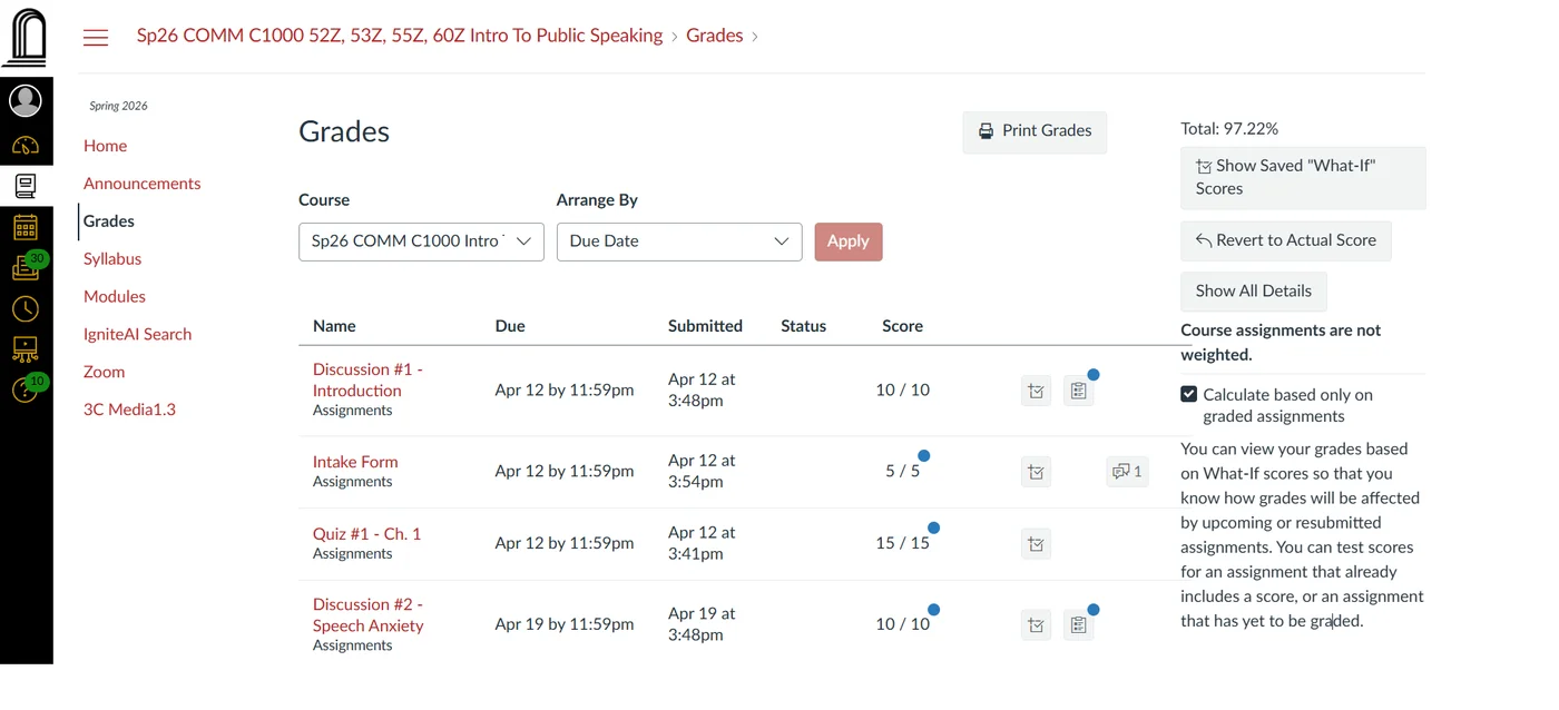 Verified student grade result 16 — real online course gradebook