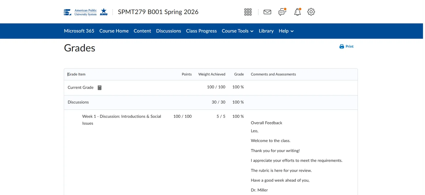 Verified student grade result 17 — real online course gradebook
