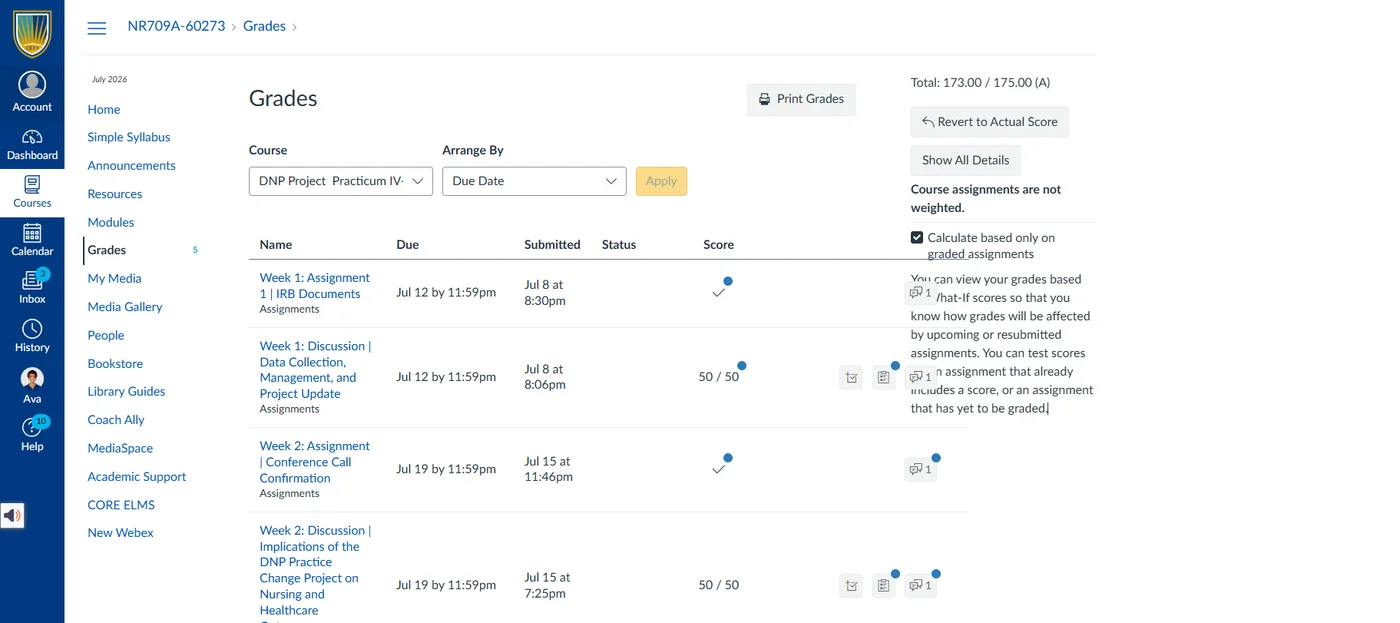 Verified student grade result 4 — real online course gradebook