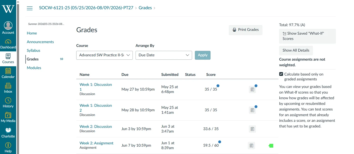 Verified student grade result 6 — real online course gradebook