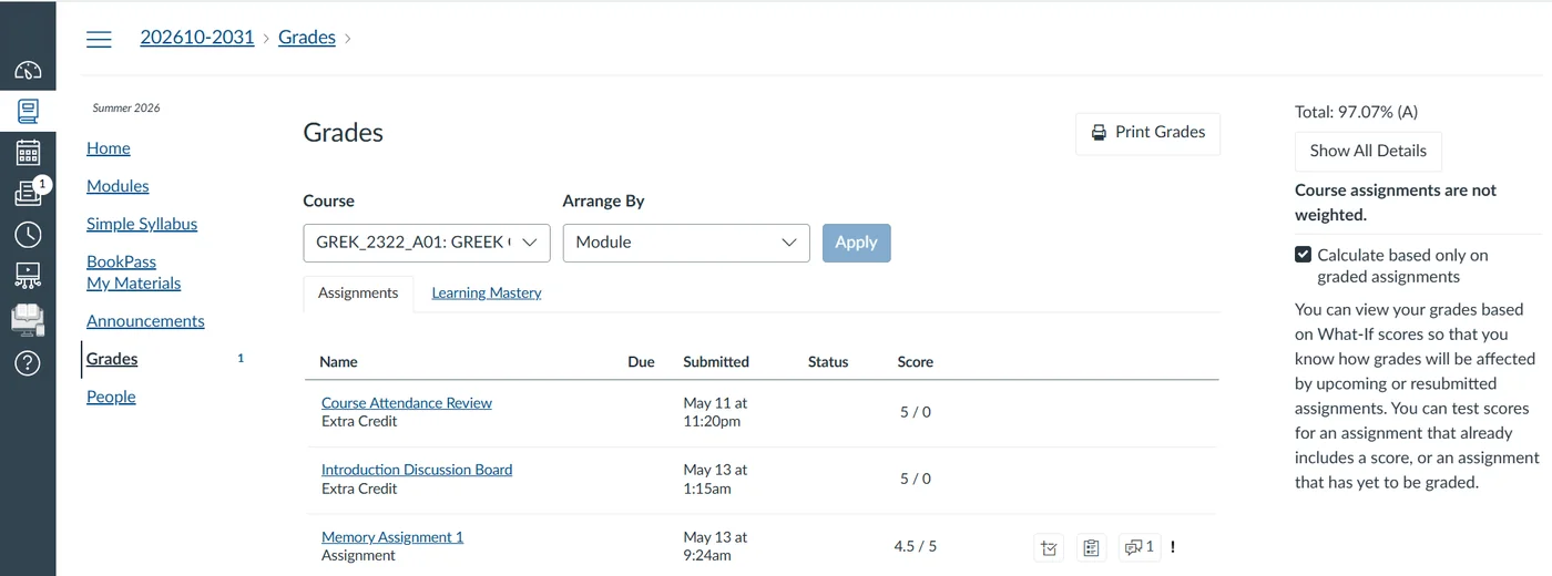 Verified student grade result 7 — real online course gradebook