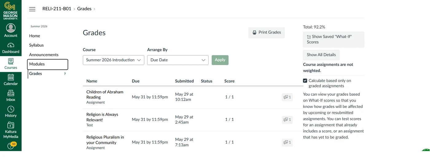 Verified student grade result 8 — real online course gradebook