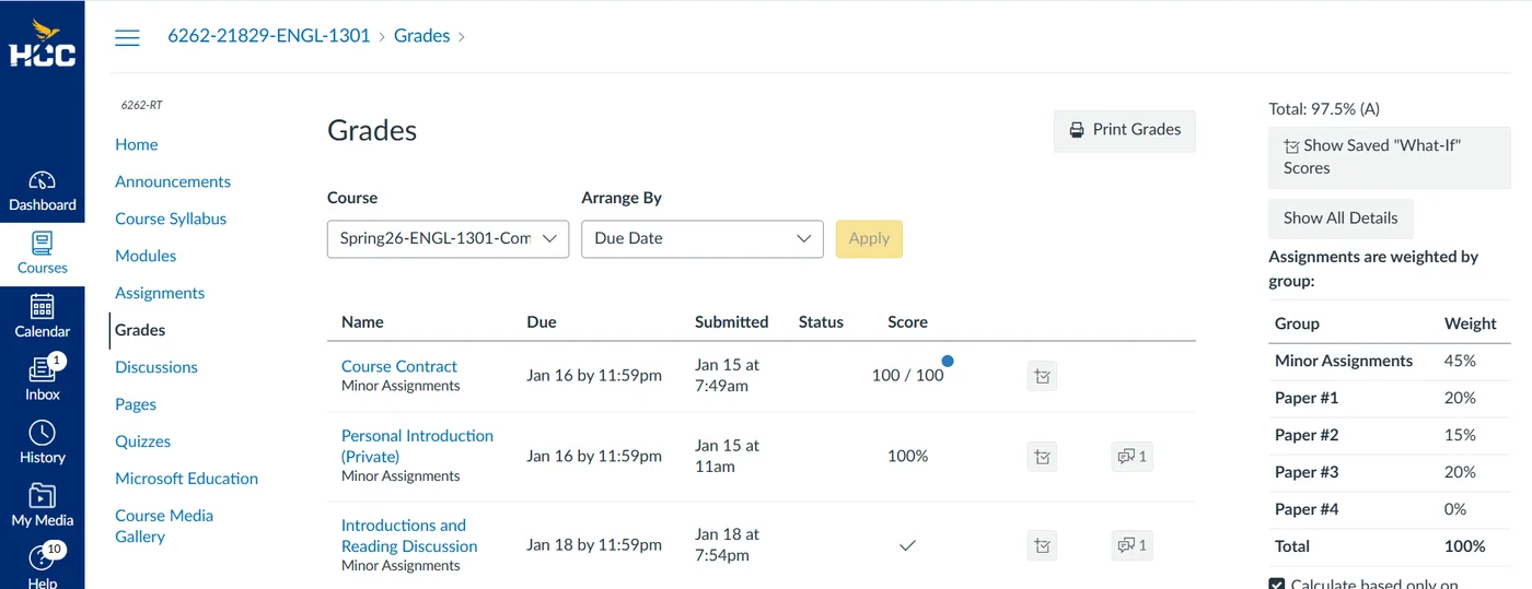 Verified student grade result 9 — real online course gradebook